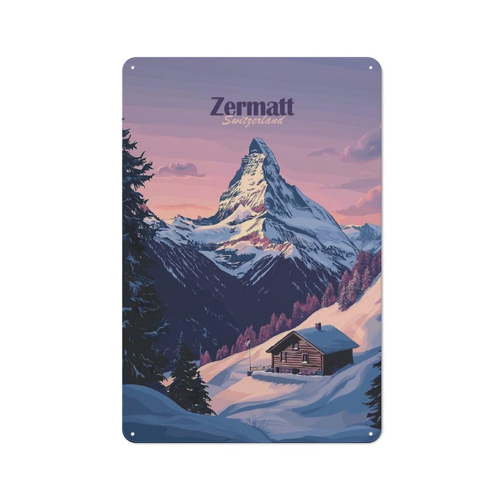 Junmoney Style-6 Tin Wall Plaque 30X20cm With Zermatt Switzerland Mountain View For Hobby Room Or Studio, For Themed Interiors In Hobby Rooms And Studios