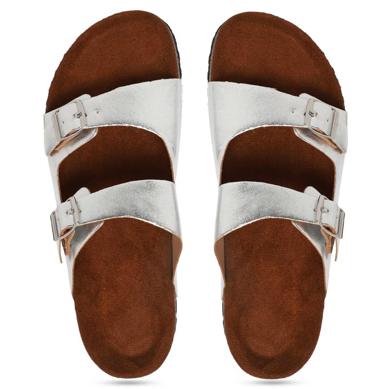 MOZAFIA Compass Silver Solid Synthetic Leather Comfortable Stylish with Open Toe Casual Flat Sandals & Flip Flops for Women (B0CQCY9PQ6) Amazon Price History, Amazon Price Tracker