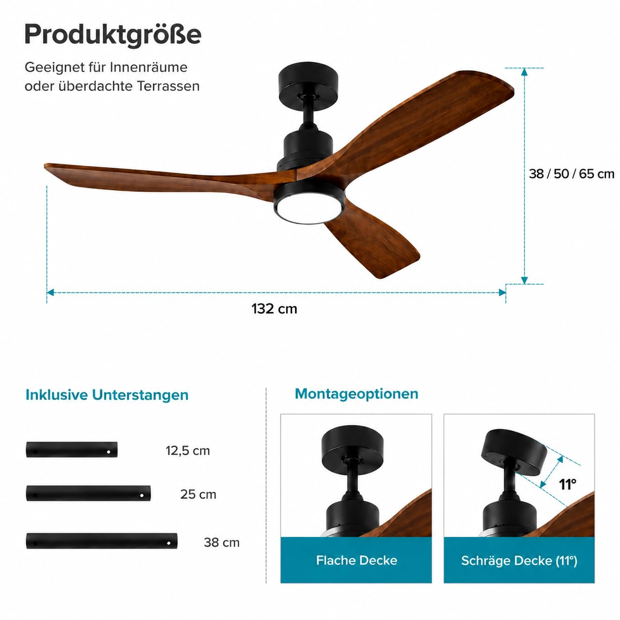 Ventilador de techo de 132 cm con iluminación y mando a distancia, motor DC silencioso, 3 aspas, 6 velocidades, temporizador, funcionamiento verano invierno para dormitorio (Negro)