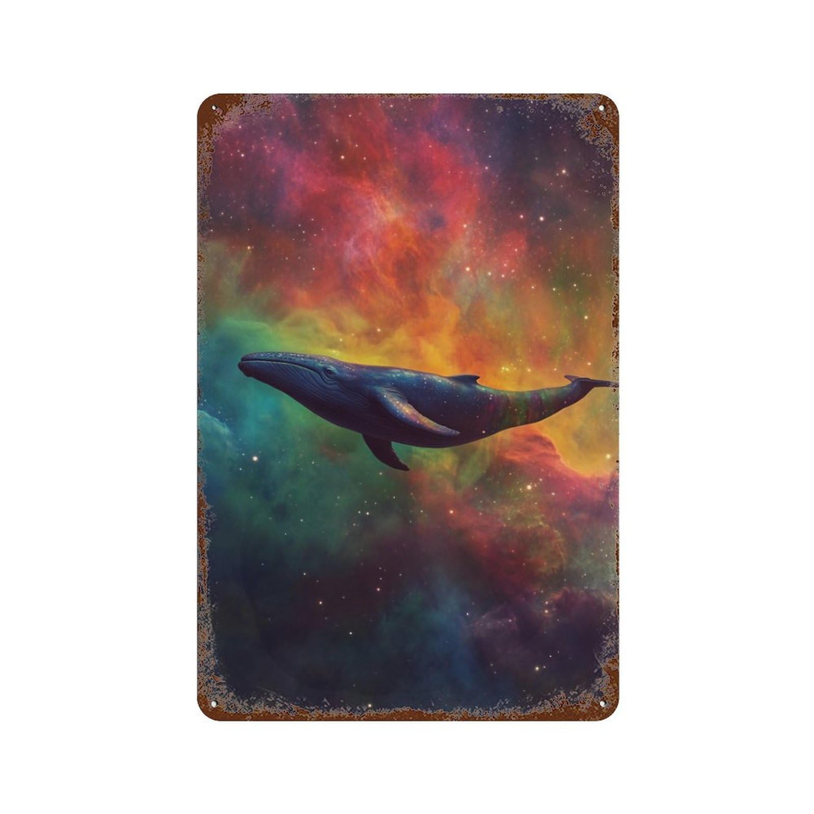Rust Effect Whale in Space Wallpaper-9 Weathered Tin Sign 11.8"x7.9", Novelty Wall Decor for Office, Studio And Wall Decor