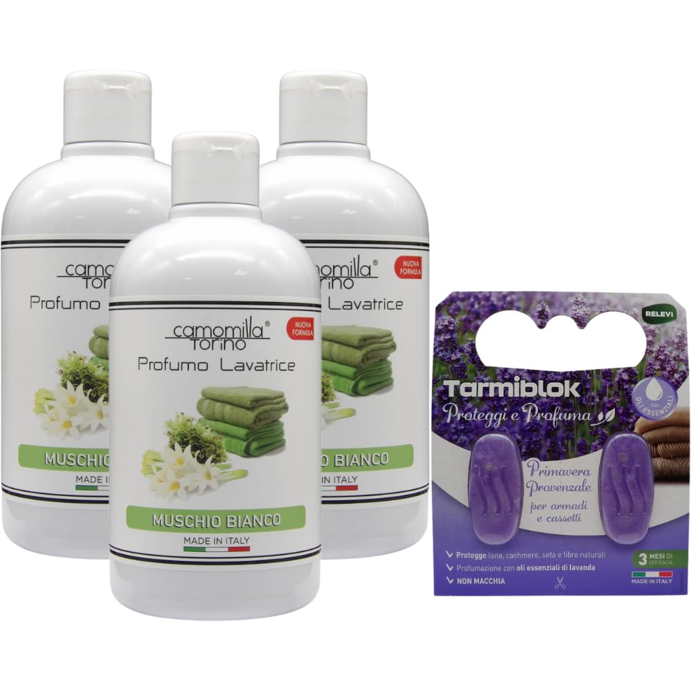 Camomilla Torino Kit 3x Profumo Concentrato Lavatrice 500ml Linea Classica, Profumazione Innovativa e Duratura + Relevi Proteggi e Profuma (3x Muschio Bianco + Relevi)