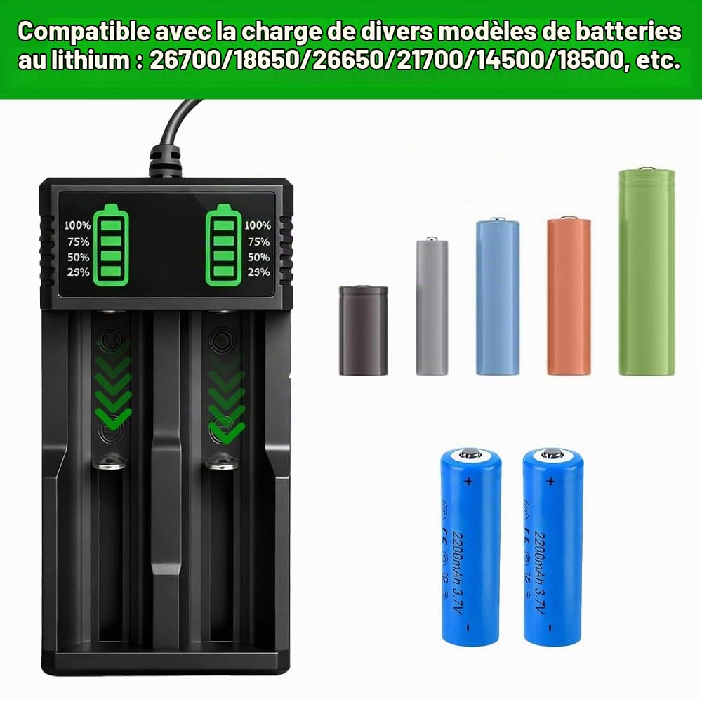 2PCS Piles Rechargeables 3.7V, 2200 MAh | Button-Top Batterie NiMH 2 Slots Chargeur, Batteries Rechargeables pour Lampe Frontale LED,Télécommande,Voiture Télécommandée