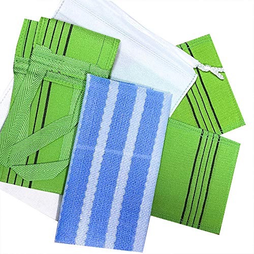 Original 5 Pcs Set Korean Japanese Style Exfoliating Long Back Scrubber, 2 Rough and Effective Body Scrub Gloves, Odor Free Gentle Shower Cloth and Non-woven Fabric Pouch (All Made in Korea)