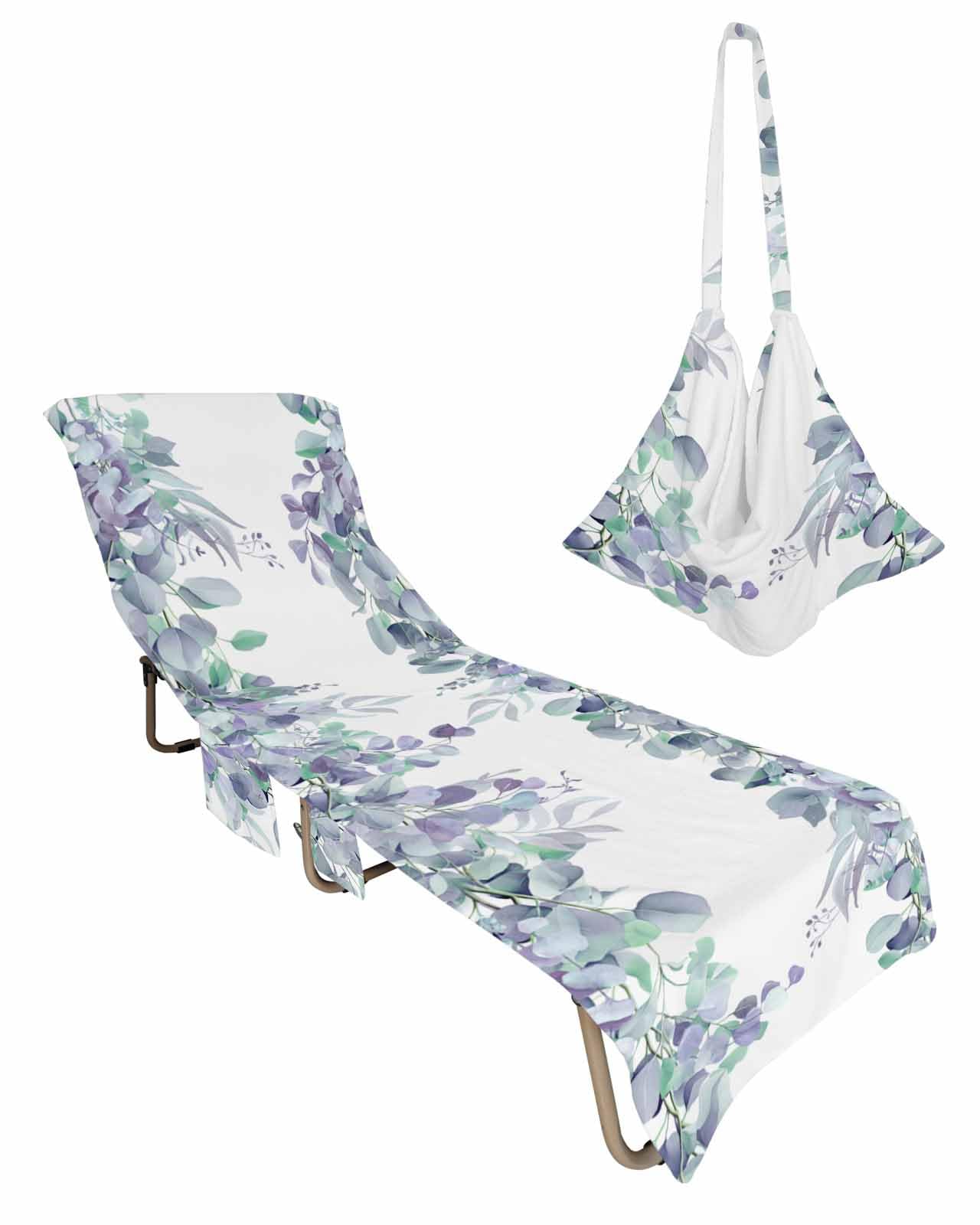 Teal Purple Botanical Beach Lounge Chair Towel Cover, Soft Chaise Lounge Towel with Side Pockets Patio Pool Chairs Cover for Beach/Pool Sunbathing 29x85 Spring Floral Summer Eucalyptus Leaf