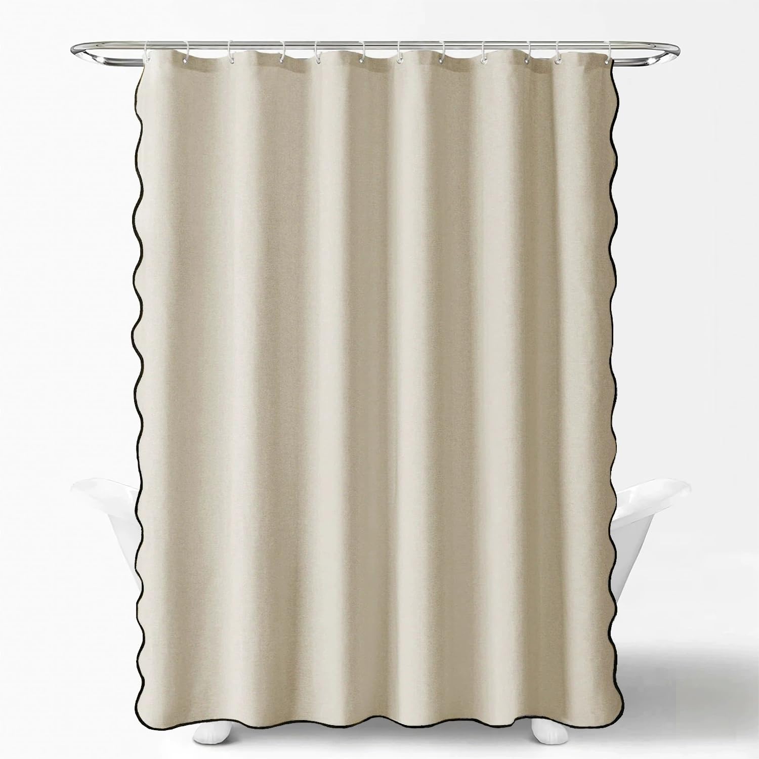 Scalloped Bathroom Shower Curtain Linen Textured with 12 Plastic Hooks