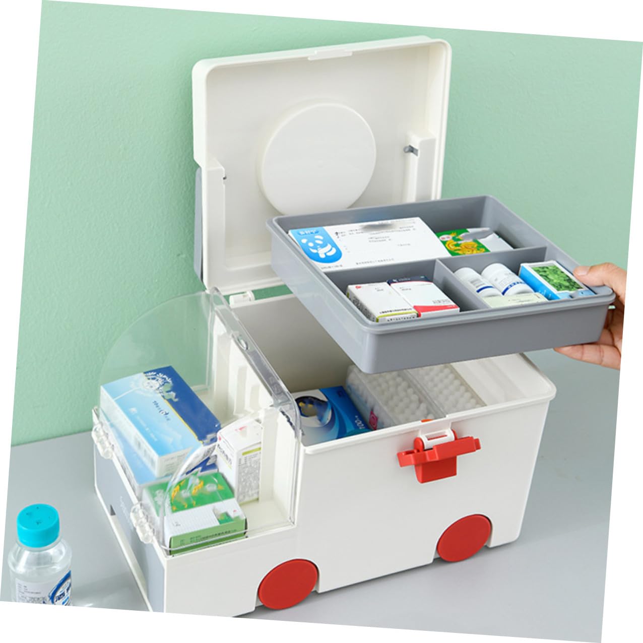 NOLITOY Caja Organizadora de Medicamentos de Plástico Resistente con Doble y Gran Capacidad Maletín Portátil para Primeros Auxilios Hogar y Viajes Color Gris
