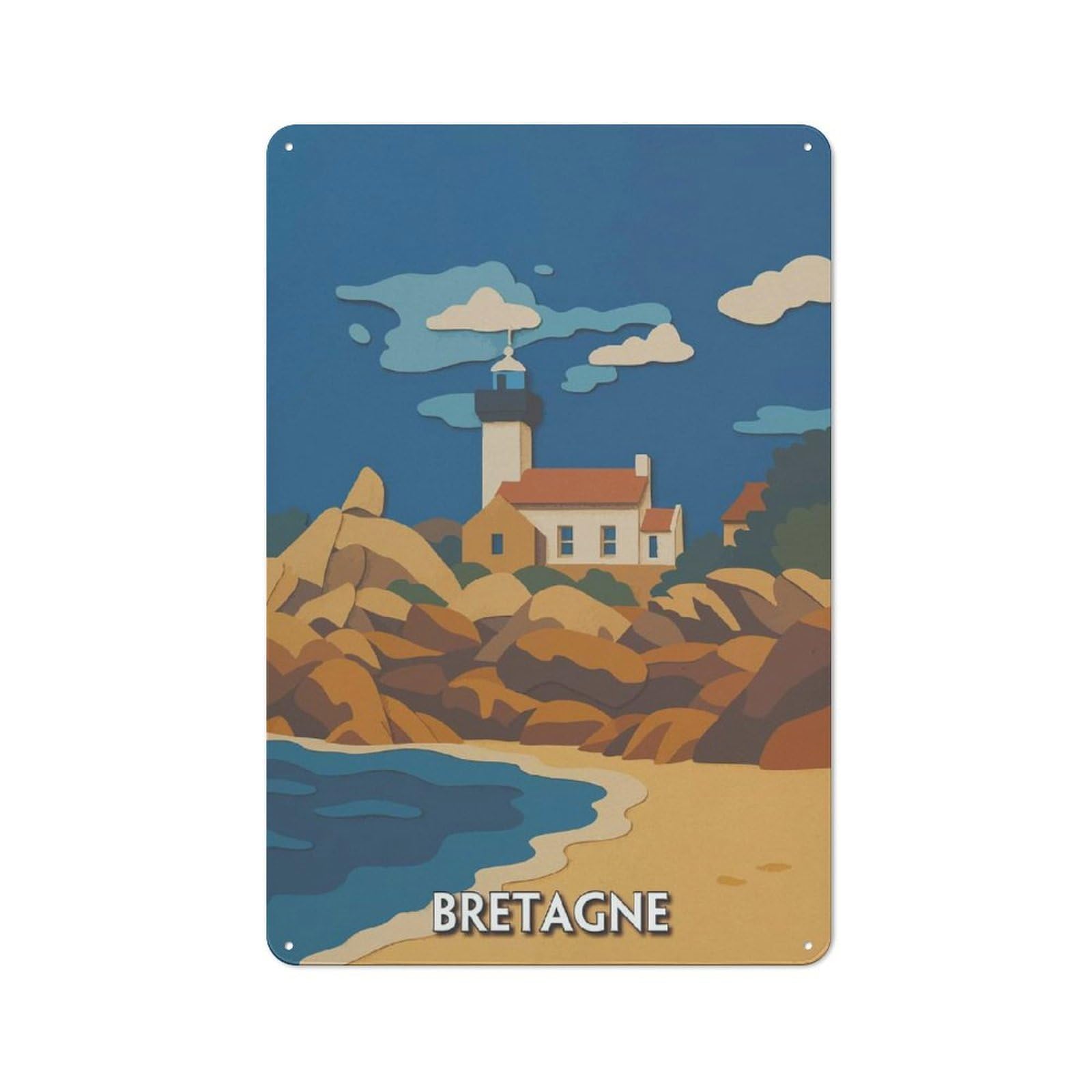 Junmoney Style-17 Bretagne Coastal Lighthouse Illustration Retro Metal Wall Decor 30X20cm, Metal Sign For Bar, Kitchen, Garage Or Games Room