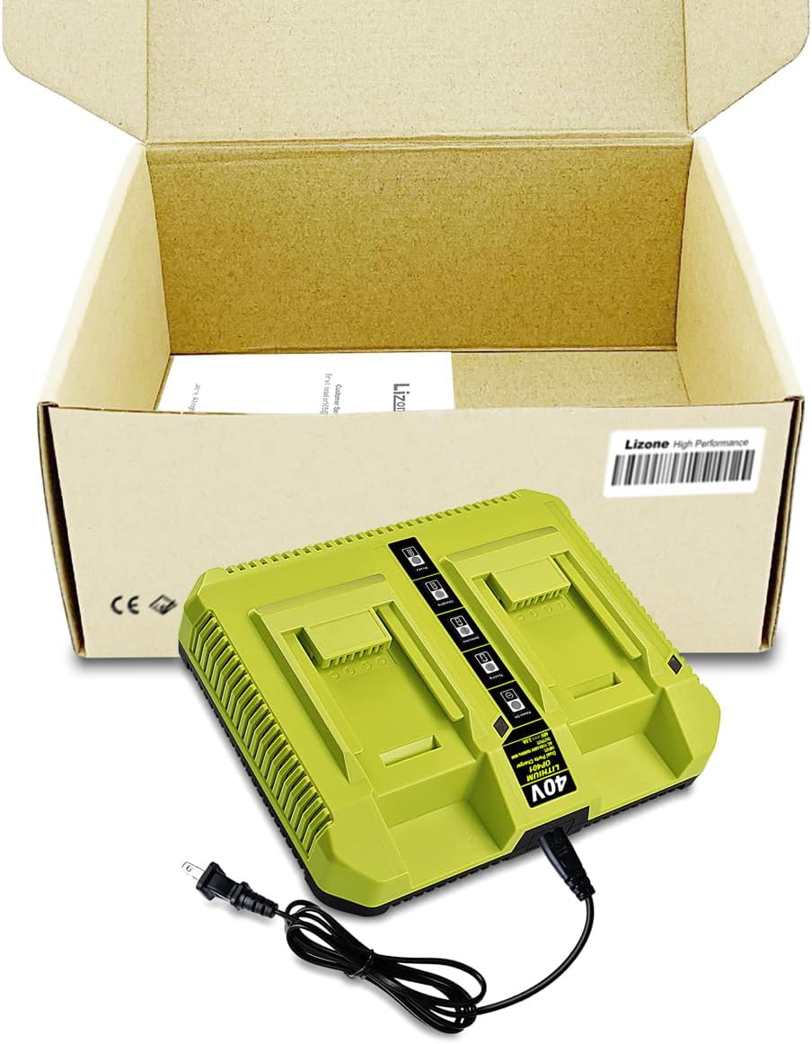 Lizone OP40601 OP40602 OP401 40V Dual Battery Charger Replacement for Ryobi 40V Battery Charger OP401 OP403 OP404 OP406 OP407A Fast Rapid 40 Volt 40V Dual Charger