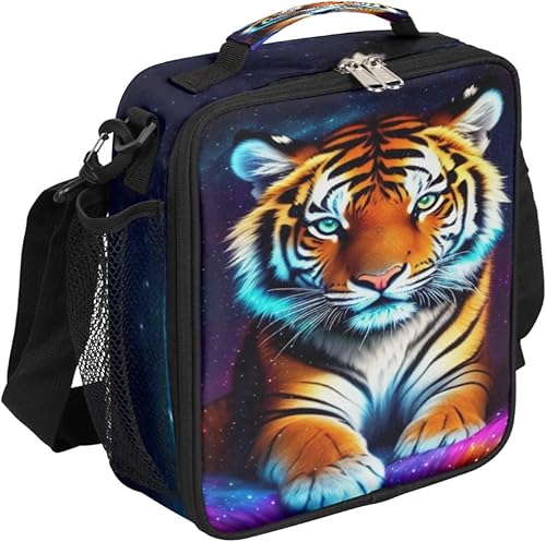 Lonchera aislada con diseño de tigre colorido de galaxia para niñas, niños y adolescentes, lonchera reutilizable con correa para el hombro, bolsa
