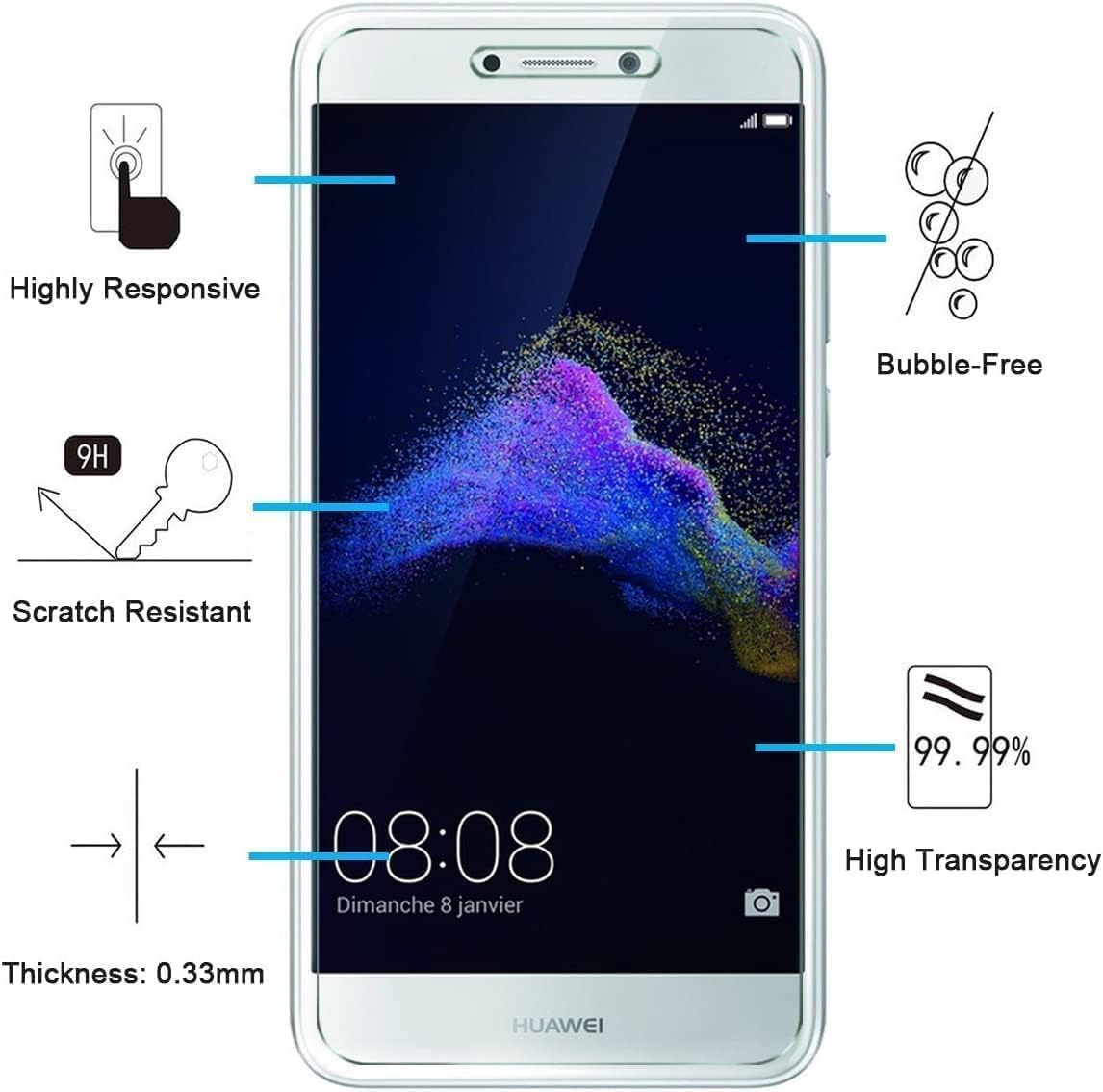 TMConcept® Vetro di protezione schermo per Huawei P10 Lite, in vetro temperato HQ ultra resistente (contro rotture e graffi), ultra sottile (0,26 mm) con bordi arrotondati, installazione facile e