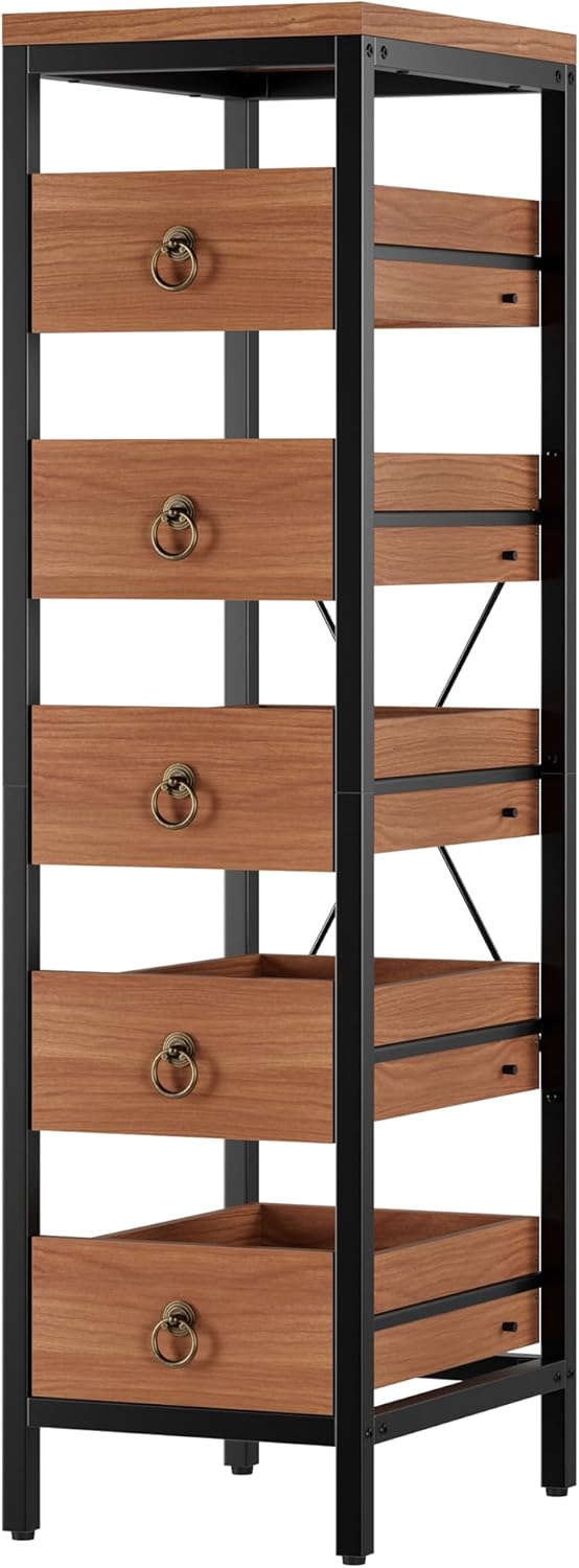 Kitchen Fruit Vegetable Storage Rack, 5-Tier Narrow Snack Fruit Display Stand with 5 Pull-Out Drawers Basket, Utility Organizer Standing Shelf for Kitchen Living Room Bathroom Supermarket, Walnut