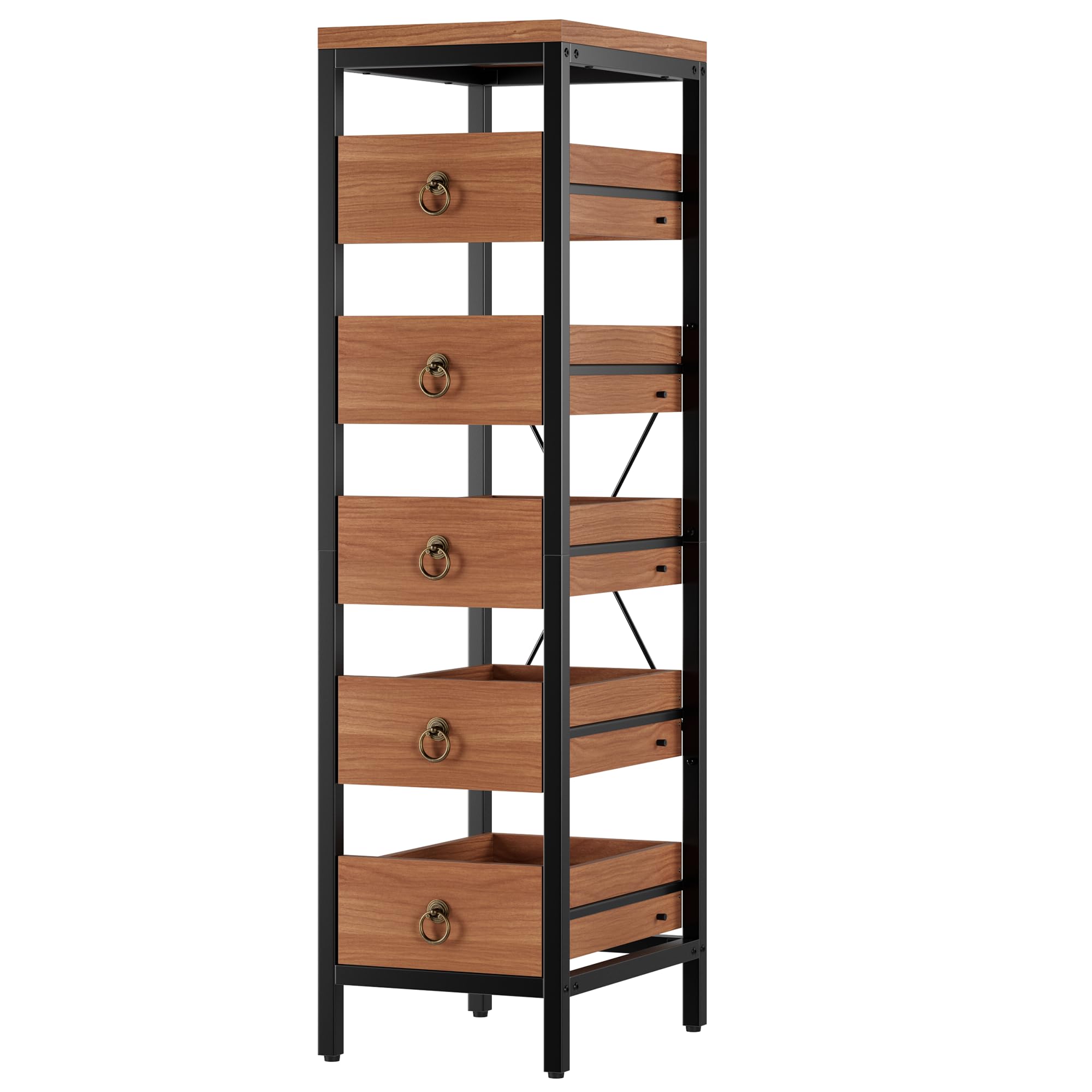 Scaffale da cucina stretto a 5 livelli con cassetti rimovibili, organizer metallico multiuso, salvaspazio per frutta, verdura e aperitivi, ideale per cucina, soggiorno, bagno e supermercato.