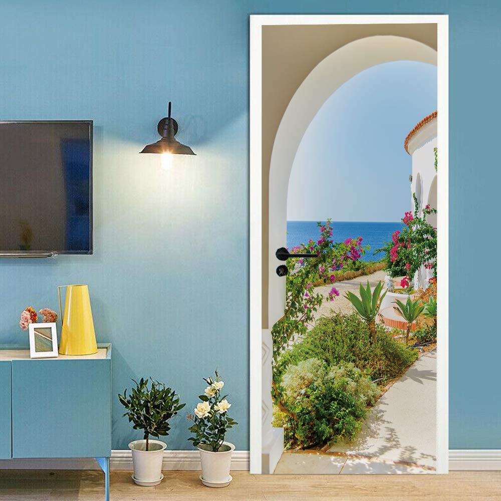 Sticker porte trompe l'oeil 3D paysage de mer papier peint mural 93x205 cm
