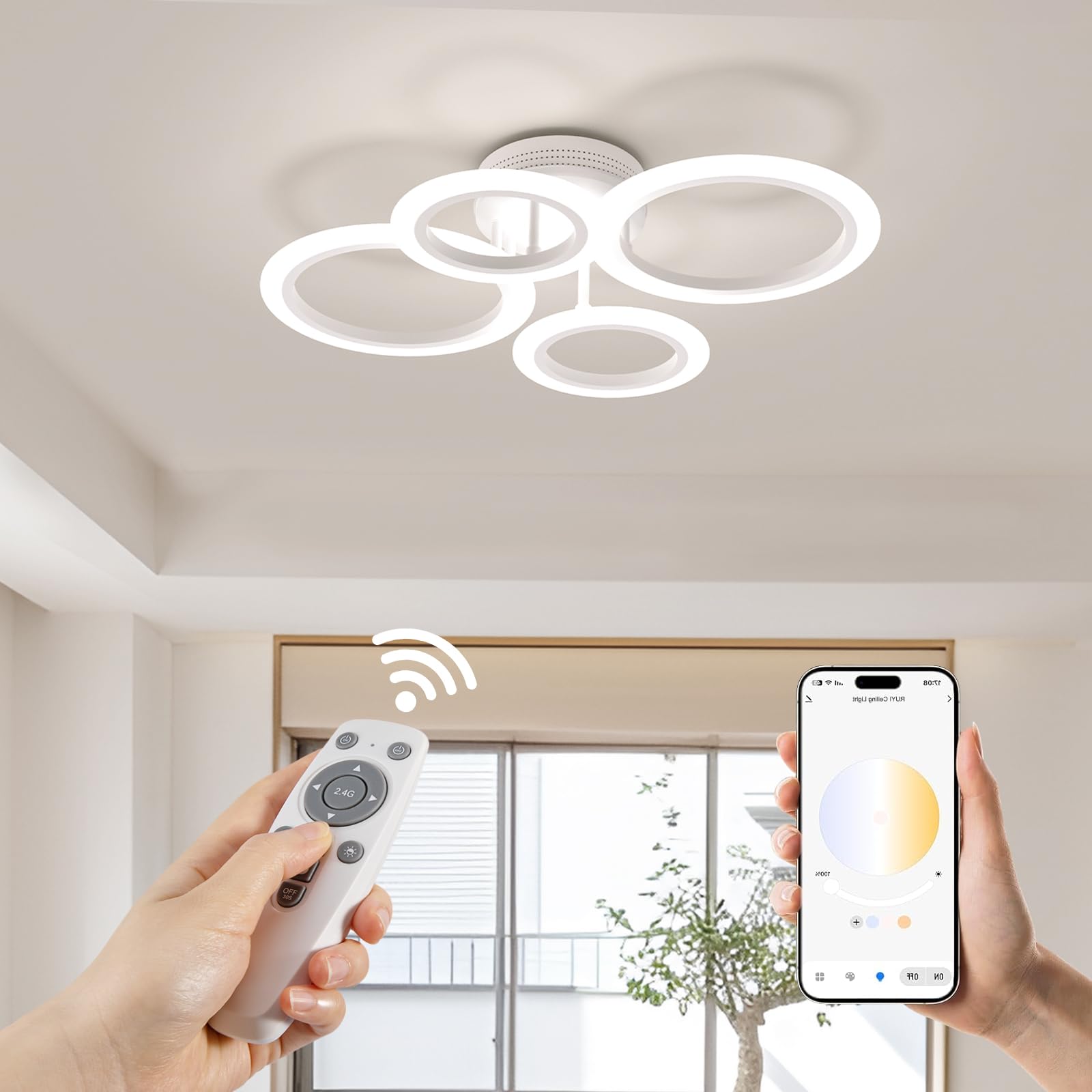 RUYI Plafoniera led soffitto, 48W plafoniere da soffitto dimmerabile 2800-7000K, 4 anello design lampadario camera da letto con telecomando E l'app,adatto per sale,cucine,corridoi e sale da pranzo