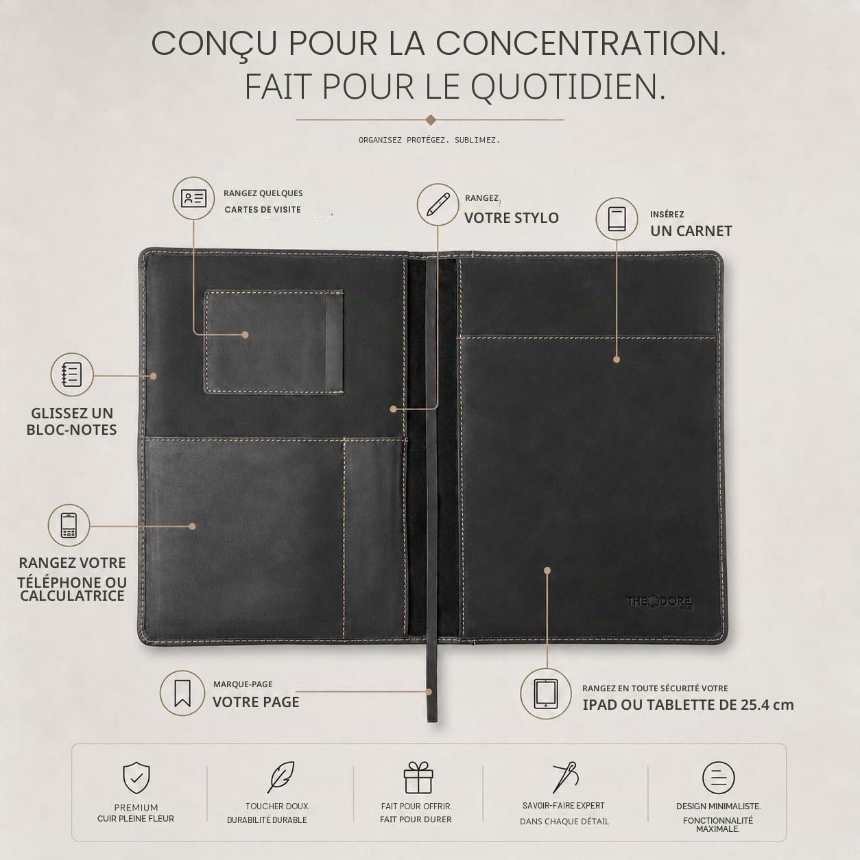 THEODORE Étui pour Carnet en Cuir Noir Theodore - Compatible Moleskine XL et Cahiers B5 (19,8 x 27,4 cm) - Carnet de Voyage avec Journal Inclus