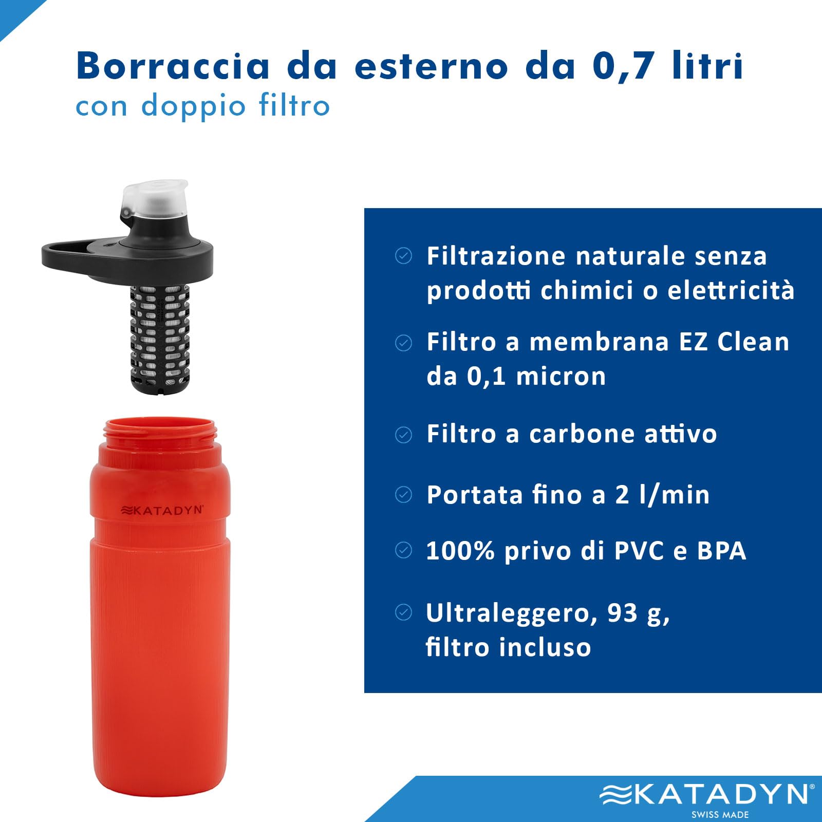 Katadyn BeFree AC Bottle 0,7 l, filtro dell'acqua per esterni, ultraleggero, fibra cava e carbone attivo, campeggio, trekking, viaggi, filtrazione dell'acqua portatile, senza BPA (rosso)