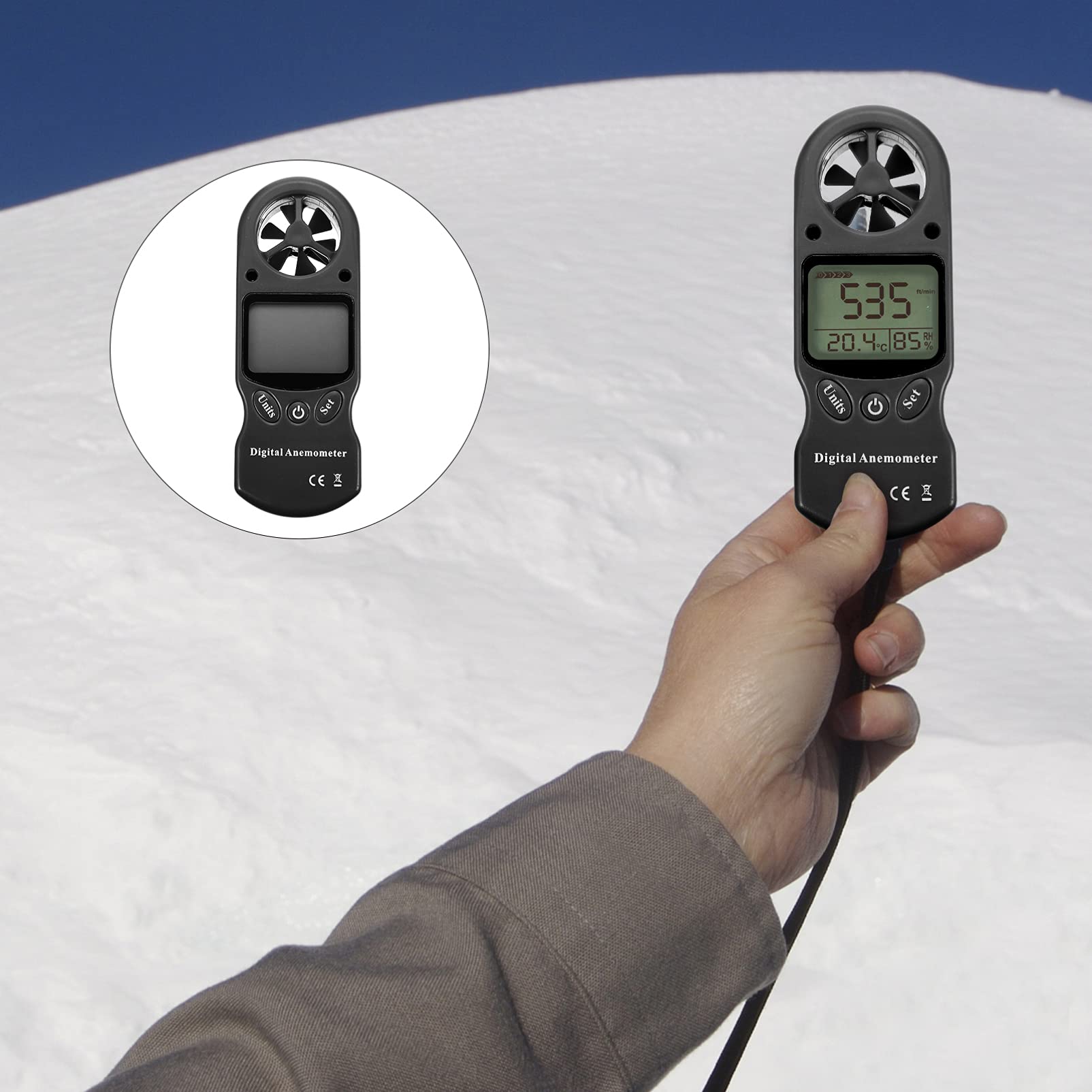 GLEAVI Higrotermógrafo Digital Portátil con Medición de Velocidad del Viento, Resistente Plástico Negro y Bolsa de Almacenamiento para Industria Aeronáutica
