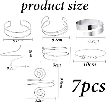 7 Pcs Arm Cuff Silver Set, Silver Arm Cuffs Bracelet Adjustable Open Jewellery Simple Stylish Bracelet or Women Party Holidays, Birthday Gifts and Daily Fashion