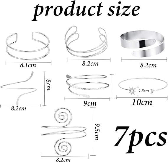 7 Pcs Arm Cuff Silver Set, Silver Arm Cuffs Bracelet Adjustable Open Jewellery Simple Stylish Bracelet or Women Party Holidays, Birthday Gifts and Daily Fashion