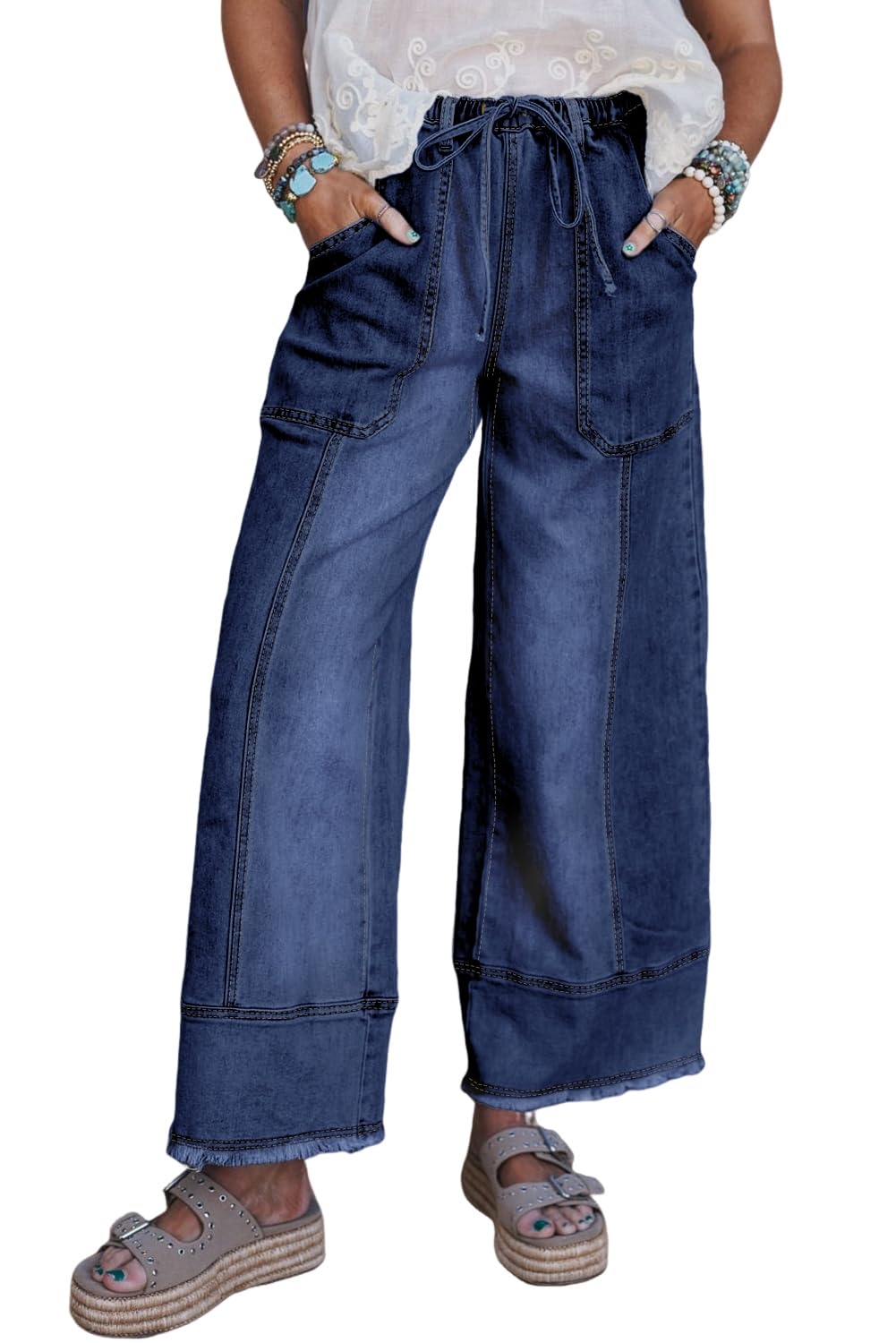 Womens Pants Beau Blue Drawstring Seam Detail Raw Hem Wide Leg Denim Pants