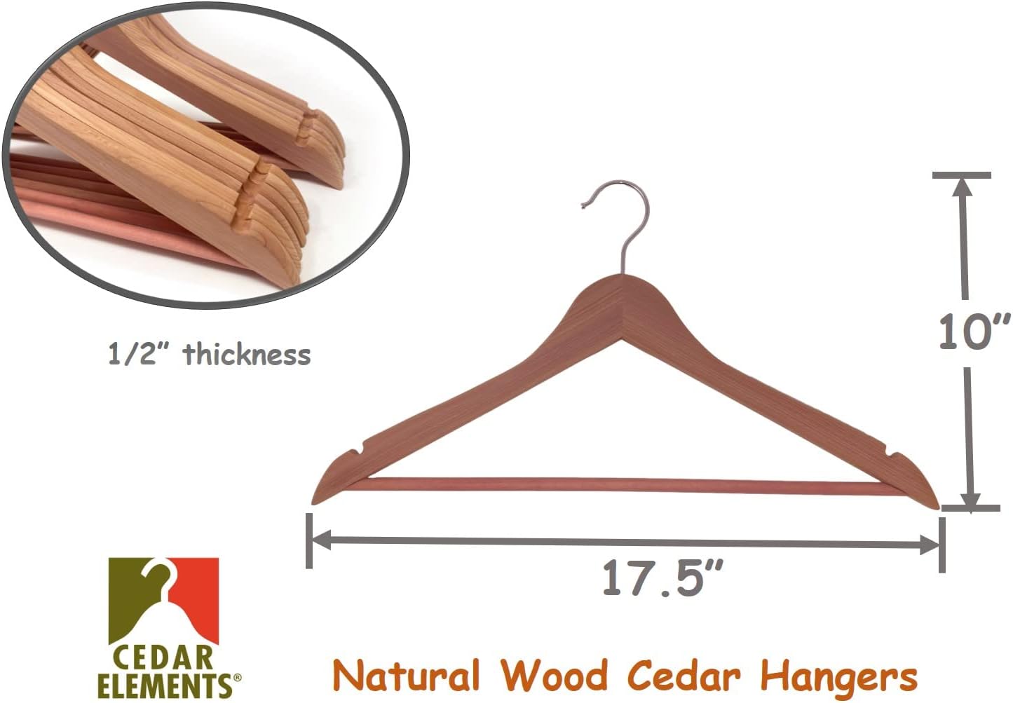Cedar Elements Aromatic Cedar Adult Hangers for Business Suits Shirts Dresses Sweaters Pant hanging12PK (with Pant bar)