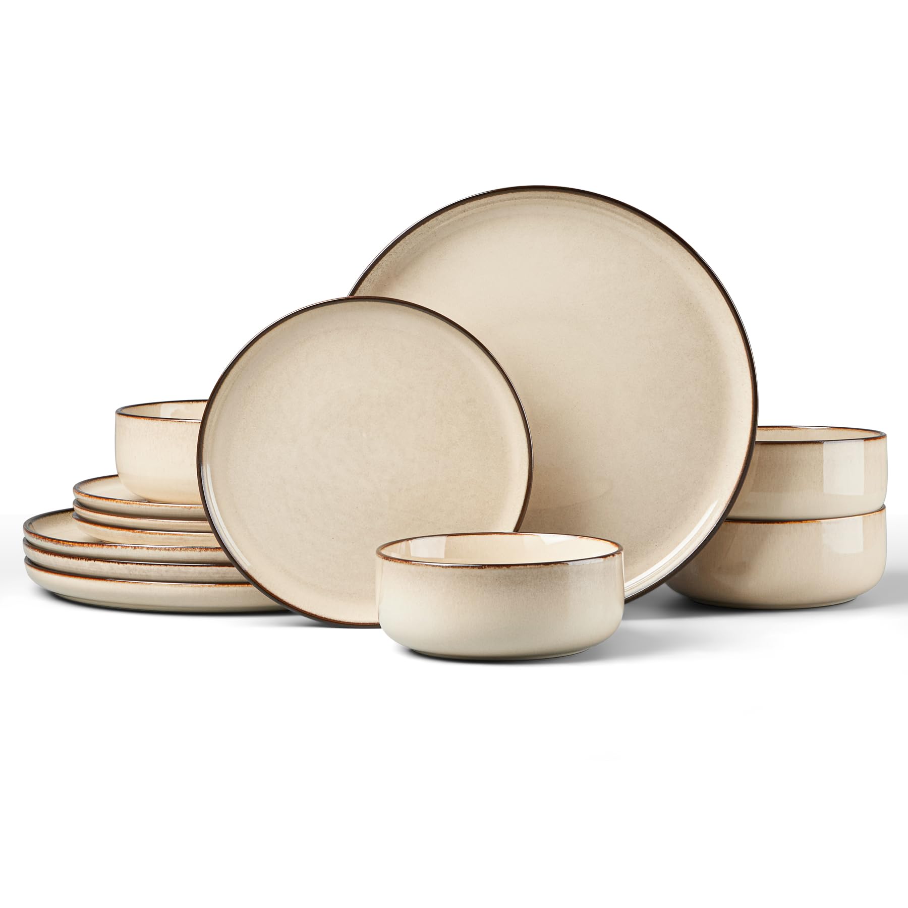 HaWare Dinner Set, 12 Piece Stoneware Dinnerware Service for 4, Reactive Glaze Dining Ware Include Plates and Bowls, Chip and Scratch Resistant, Microwave & Dishwasher Safe, Cream Khaki — image 1
