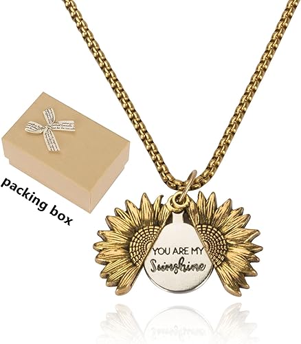 Miniatura 5 de You are My Sunshine - Cajas de música con collar de girasol, caja musical de manivela de madera y medallón grabado, regalo de sol para esposa,