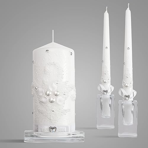 Miniatura 9 de VABA Unity - Juego de velas para ceremonia de boda, 3 piezas, perlas blancas y cristales, pilar de 6 pulgadas y 2 conos de 10 pulgadas, ecológicas