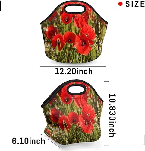 Miniatura 3 de Bolsa de almuerzo de neopreno con diseño de flor de amapola roja, suave, lavable, reutilizable, aislada, ligera, para preparación de comidas, para