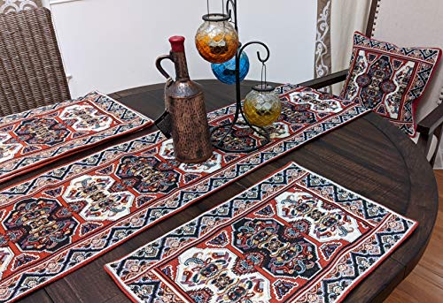 DaDa Bedding Majestic Red Kilim Rug Dining Table Placemats - Set of 4-Pieces Tapestry Cotton Kitchen Mats Royal Persian Tradtional Design - Elegant Intricate Multi-Colorful Floral Ornate - 13” x 19”