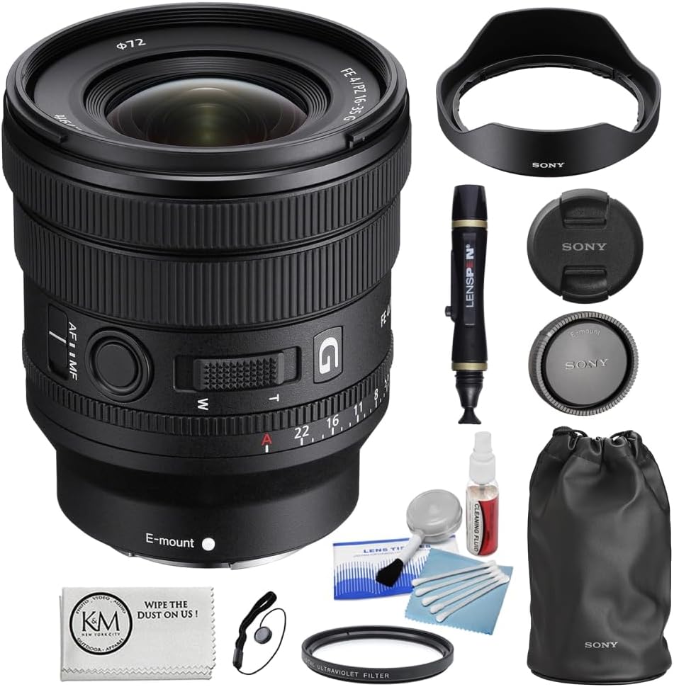 Sony FE PZ 16-35mm f/4 G Lens Bundle with 72mm UV Filter + 5-Piece Camera Cleaning Kit + Cleaning Lens Pen + Lens Cap Keeper + Microfiber Cleaning Cloth (6 Items)
