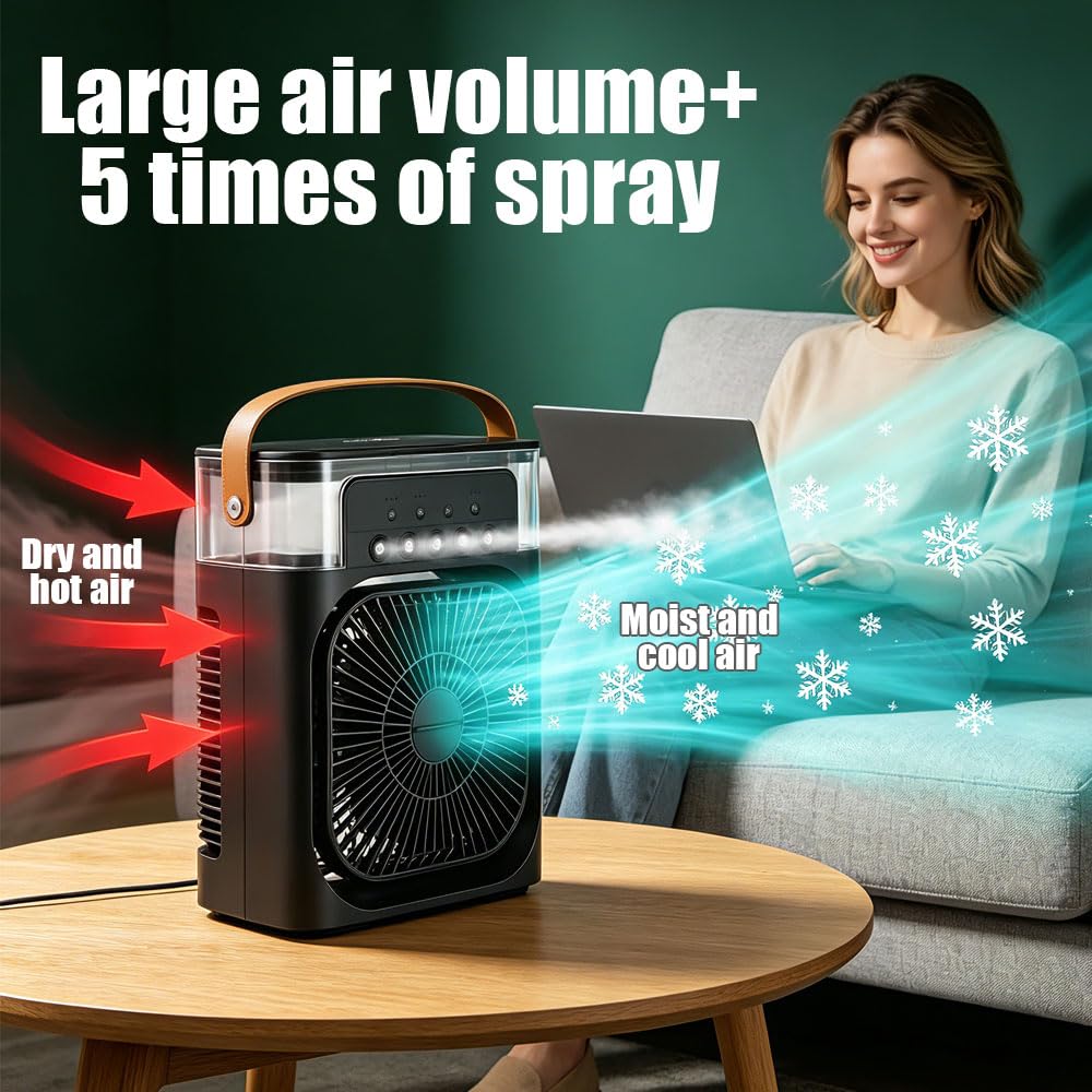 Foreverup 3 w 1 Air Cooler, przenośna chłodnica powietrza, USB przenośny klimatyzator z 3 prędkościami i trybem spryskiwania, zbiornik na wodę 600 ml, timer, LED 7 kolorów, do domu, biura, sypialni