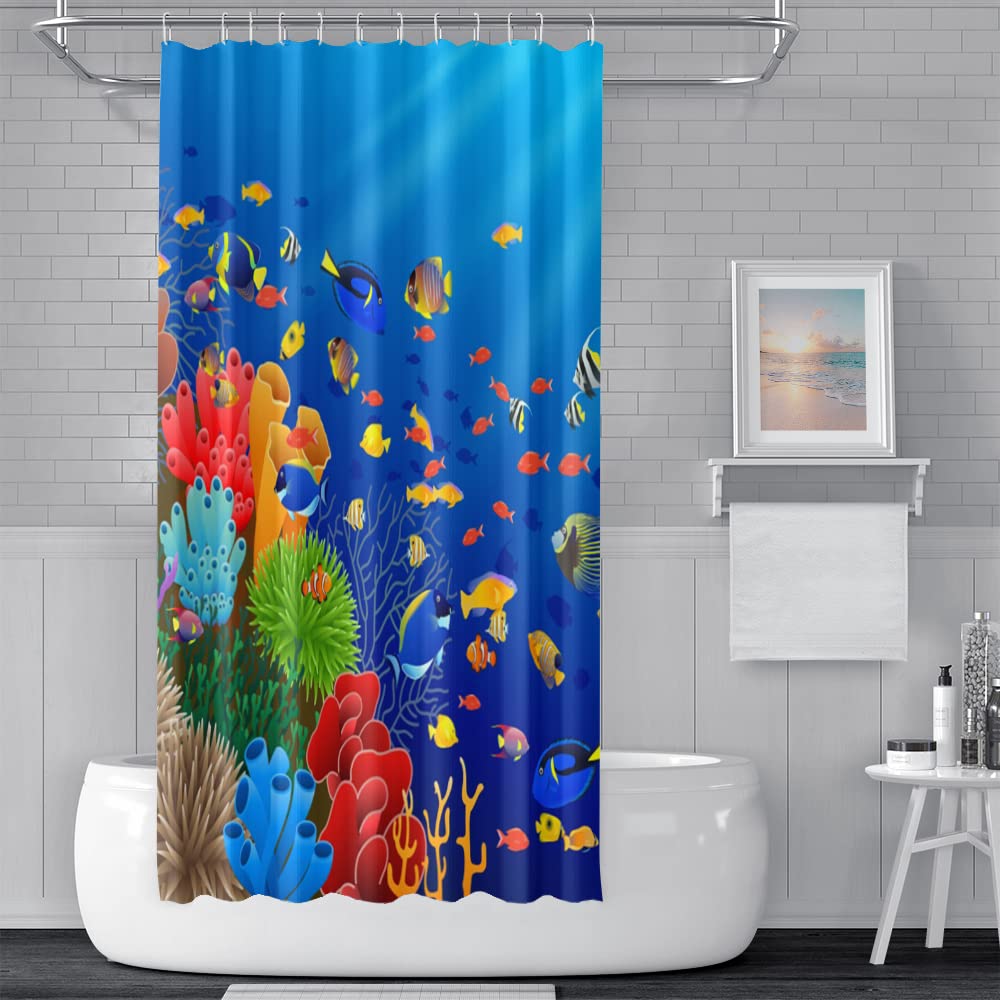 SDOTPMT 180x180cm Ocean Tropical Fishes Shower Curtain Colorful Cartoon Fish Coral Reef Marine Animal Bath Curtain Underwater Seascape Bathtub Curtain for Bathroom Fabric Polyester with Hooks - Image 2