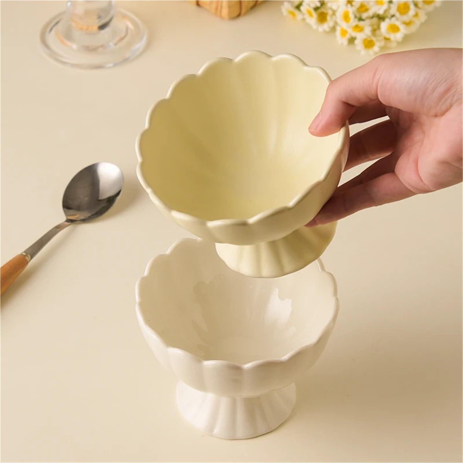 Coppe Gelato Ciotola in Ceramica con Gamba Alta da 2 Pezzi, Ciotola da Dessert da 200 ml/7,5 Once, utilizzata for frullati, marmellata, Ciotole for Gelato per Dessert(Yellow)
