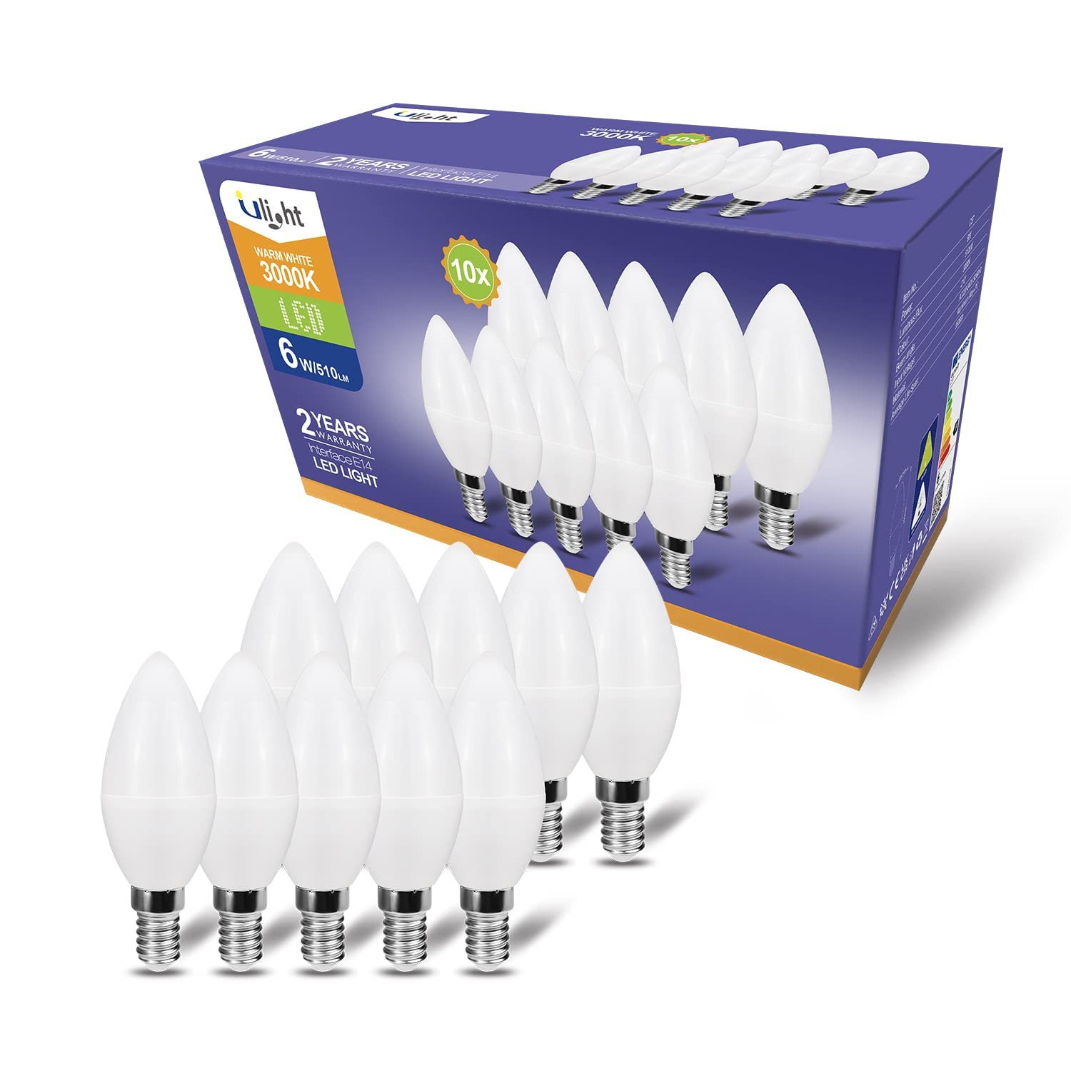 ULIGHT Lampadina LED E14 Oliva, 6W Equivalente a Incandescente da 50W, Luce Bianca Calda 3000K, 510 Lumen, 220V-240V Non Dimmerabile, Fascio Luce 210°, Confezione da 10 Pezzi
