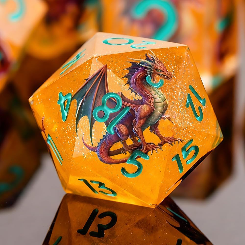 Double Layered Resin Dice Set 7pcs Dragon Pattern& Blue umbers Sharp Edged Polyhedral Dice Apply to D&D DNDRole Playing Game RPG Party Gift