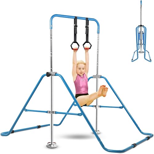 Bighaki808 Barras de gimnasia para niños con anillos, barras horizontales plegables con altura ajustable, equipo de gimnasia expandible, barra de