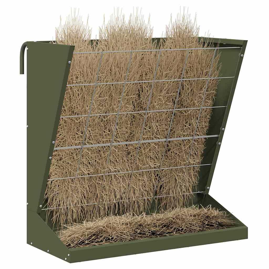 Comedero para heno verde oliva de acero laminado en frío, 71 x 33 x 70 cm, con 5 kg de capacidad, resistente a la intemperie, para interior y exterior, fácil de fijar para perros, gatos