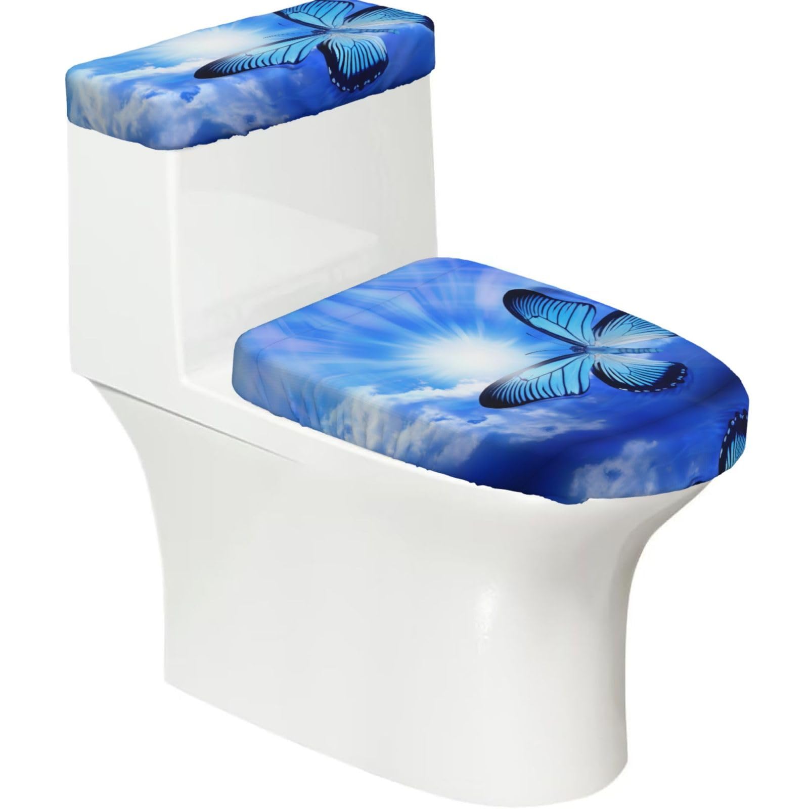 Personalized Beauty Butterfly 2-Piece Toilet Seat Cover Set with Tank Lid - Elastic for U-Shape & Elongated - Bathroom Decor