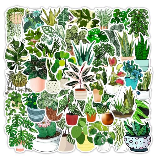Gxizlba 50 Pcs Green Plants Stickers Potted Plant Floral Sticker for Laptops Water Bottles Flower Pots Vases Decorative Phone Book Guitar Vinyl Decals for Kids Teens Adults