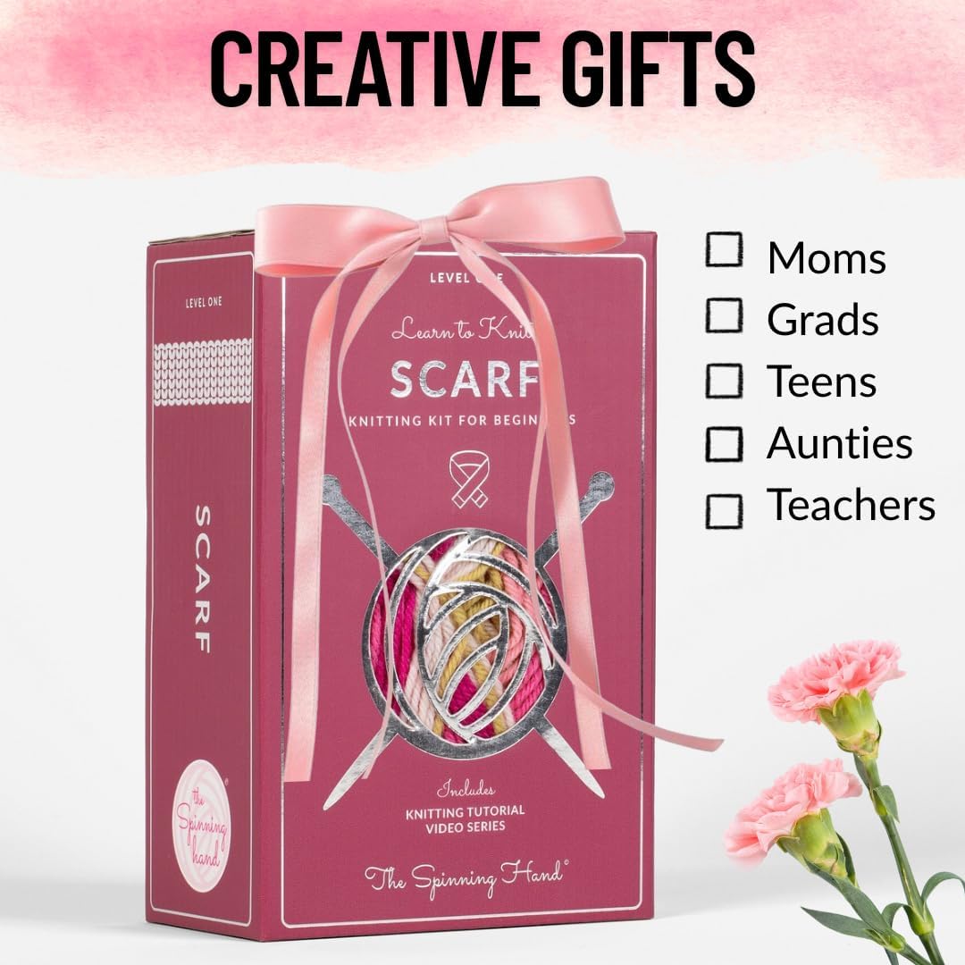 The Spinning Hand Knitting Kit for Beginners Adults – Learn to Knit Scarf Kit with Yarn, Needles & Step-by-Step Video Tutorials – Complete Starter Set (Dragonfruit)