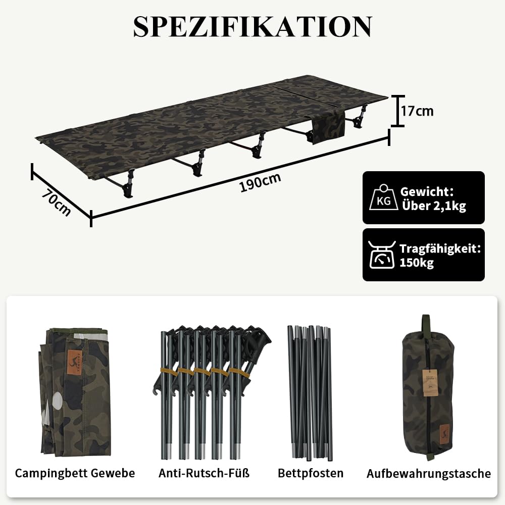 TOMOUNT Lit de camp ultra léger 190 x 70 cm en aluminium - Chaise de camping compacte facile à construire - Lit de camping résistant pour tente, randonnée en plein air, voyage, plage - Vert camouflage