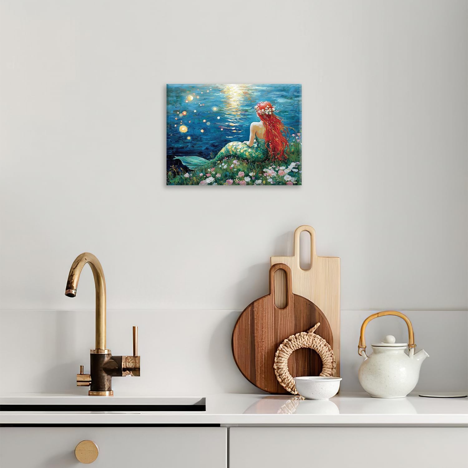 Mermaid Wall Art, Mermaid Pictures Wall Decor, Blue Ocean Canvas Prints Painting, Moon Night Framed Artwork for Bathroom Girls Bedroom Living Room Home Decoration 16"x12"