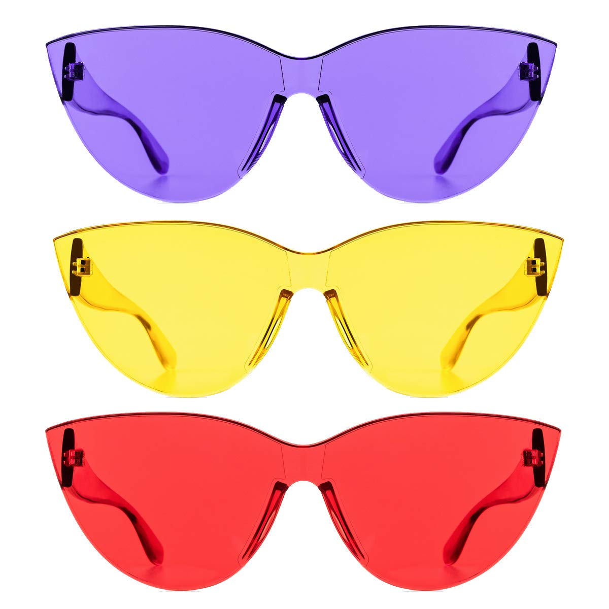 Colorful One Piece Rimless Transparent Cat Eye Sunglasses for Women Tinted Candy Colored Glasses (3099-purple+yellow+red)