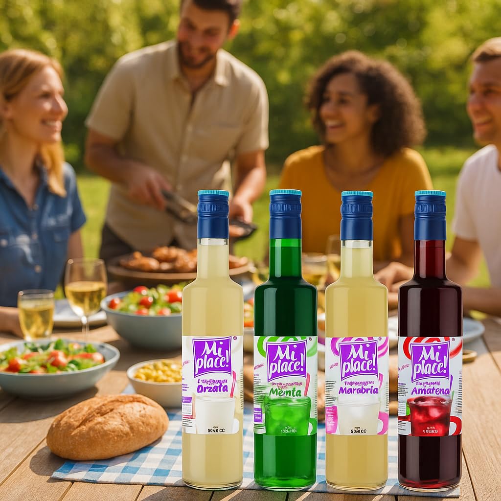Set Sciroppi da 500ml x4 – Orzata, Menta, Mandorla, Amarena – Bevande Concentrate da Diluire, Granite, Bibite e Dessert – Senza Glutine