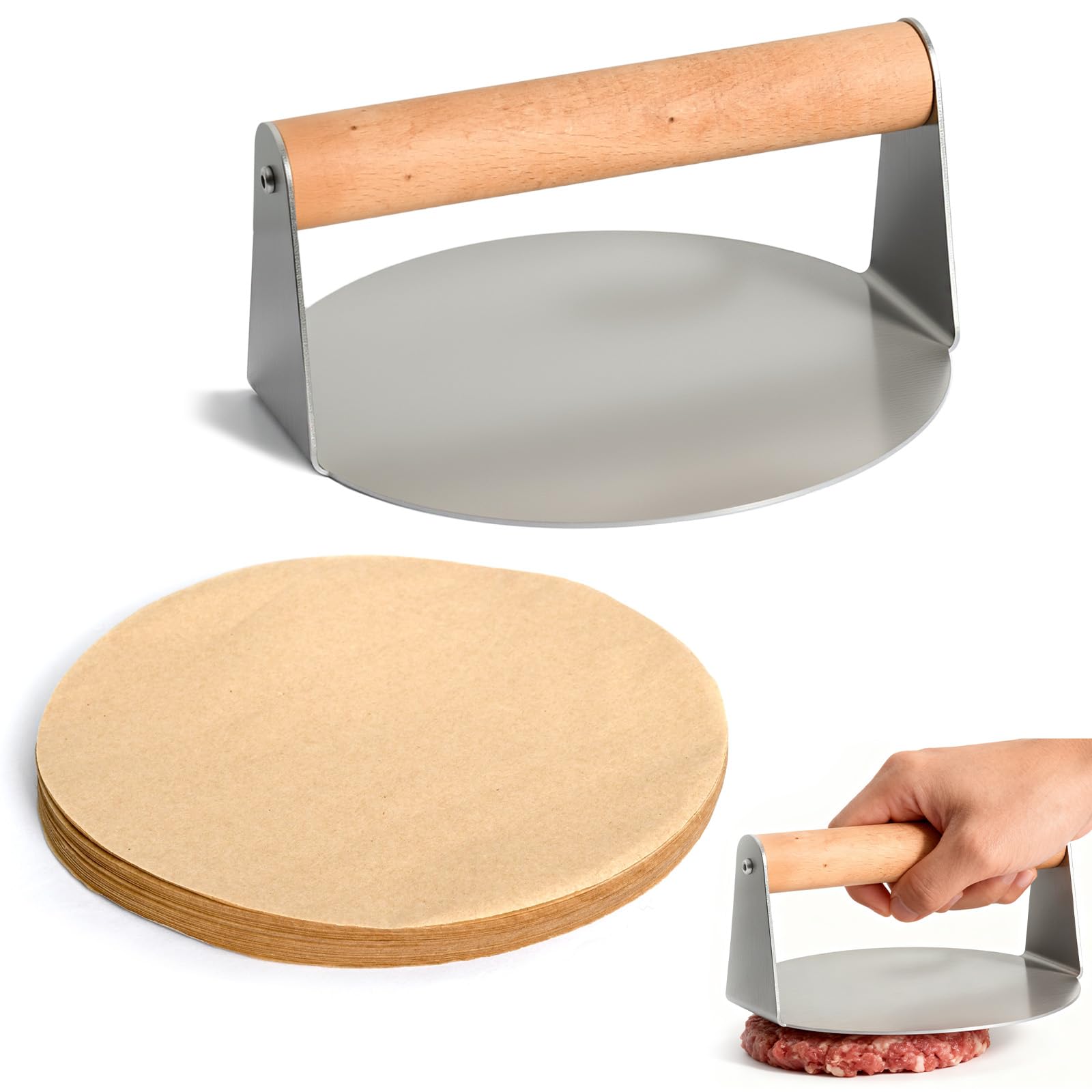 Set Stampo per Hamburger, Pressa per Carne 16 cm + 200 Fogli Separatore di Carne 16 cm, Strumenti di Cucina Essenziali