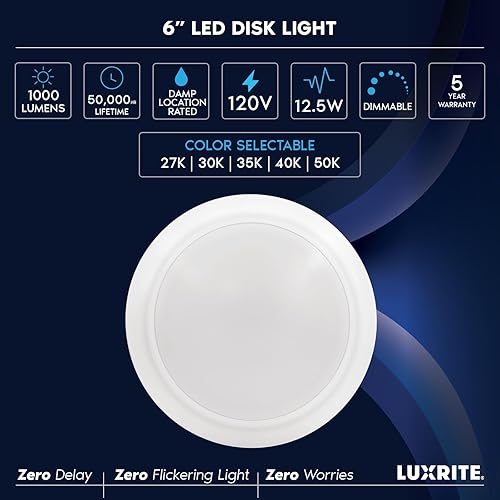 Miniatura 7 de LUXRITE Luces LED de disco de 6 pulgadas, luz de techo regulable de montaje empotrado, 5CCT seleccionable 2700K 3000K 3500K 4000K 5000K, 12.5W,