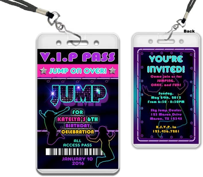 Cool Jump Birthday VIP Lanyard Pass Birthday Invitations - VIP Pass Lanyard Necklaces - Girl or Boy, Party Invites (GIRL)