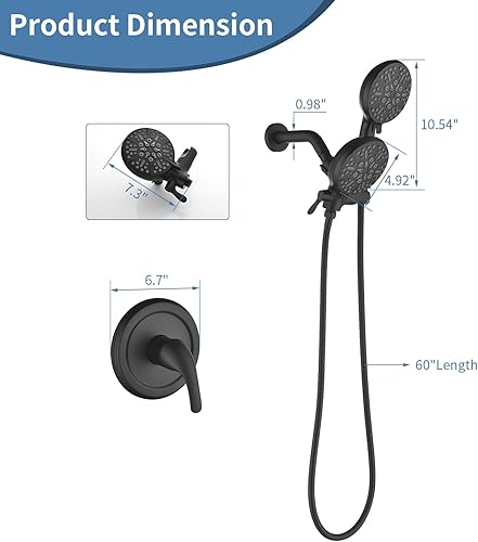 Miniatura 5 de Juego de grifo de ducha negro mate con desviador de agua de 3 vías, sistema de ducha dual con accesorio de ducha 2 en 1 de mano, kit de molduras de