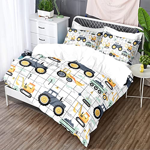 Sw Setwier Cartoon Excavator Tractor Full Duvet Cover Cartoon Construction Truck Bedding Sets Vehicle Comforter Cover For Kids Boys Car Quilt Cover Children Room Decor 2 Pillowcases #TOP1